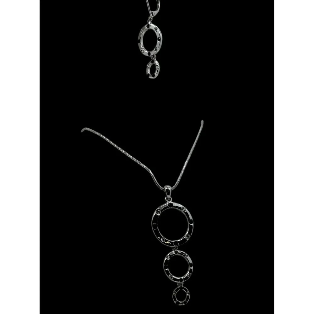 Cookie Lee Jewelry Set Silver Tone Faux Onyx CZ Pendant Necklace Earrings 90s